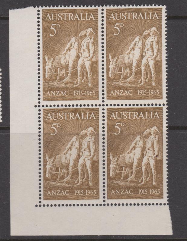 Australia 1965 ANZAC Sc#385 Corner Block of 4 Mint Hinged on 2 stamps