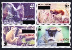 Sierra Leone WWF Patas Monkey Block of 4 Ovpt 2008 MNH SG#4589-4592 MI#5071-5074