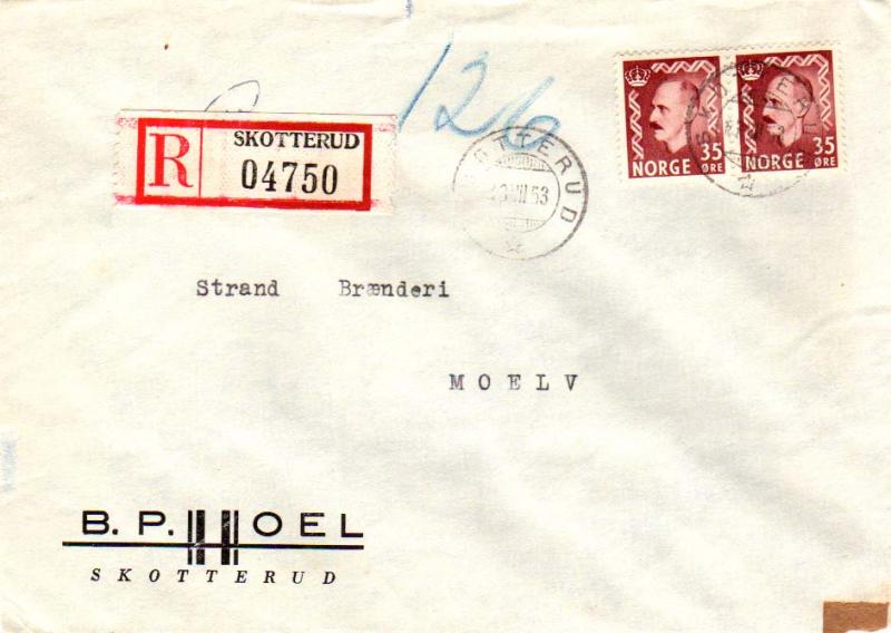 Norway 35o Haakon VII (2) 1953 Skotterud Registered to Moelv.  Illustrated Co...