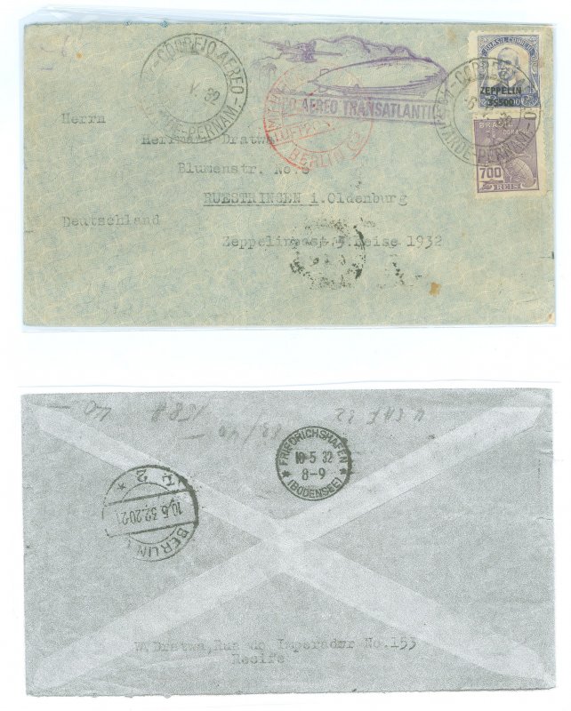 Brazil 256/C29 1932 cover carried on the fourth 1932 return flight (5 May) from South America to Germany with cachet and receivi