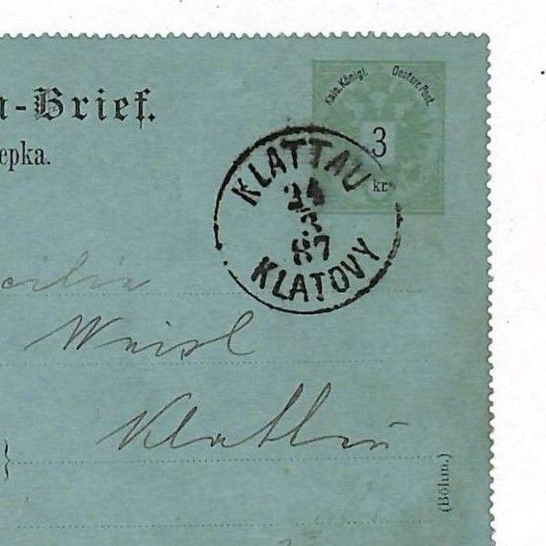 E1 1887 AUSTRIA EMPIRE Czech Republic *Klattau Klatovy* Bi-lingual Zalepka Card