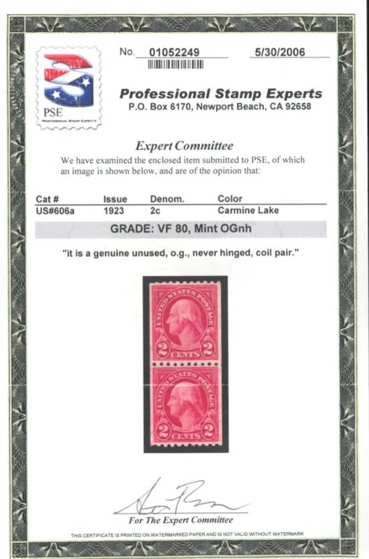 U.S. #606a MINT PAIR WITH PSE CERT OG NH VF 80