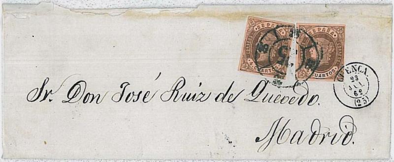 SPAIN ESPANA  -  POSTAL HISTORY:  COVER sobre E. 58 X 2  CUENCA - R de C 25 1863