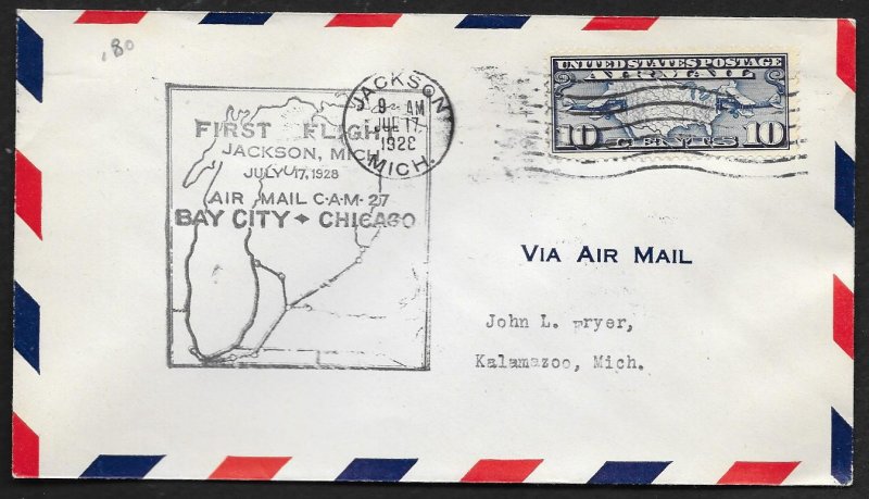 UNITED STATES #C7 on First Flight Cover 1928 Jackson to Kalamazoo