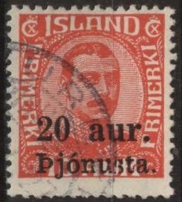 Iceland O52 (used) 20a on 10a Christian X, red (1923)