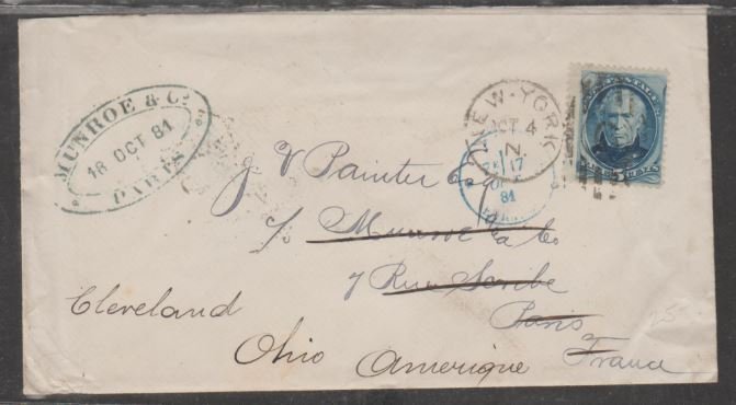 U.S. Scott #185 Cover - New York to Paris to Cleveland, Ohio - 4/18 Oct 1881