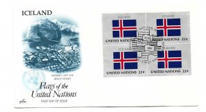 United Nations #485 Flag Series 1986, Iceland, ArtCraft, block of 4 FDC