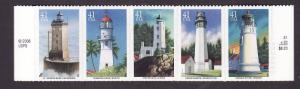 USA-Sc#4150a-unused NH strip-Lighthouses-self adhesive-