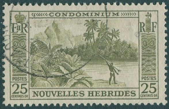 New Hebrides French 1957 SGF100 25c olive River Scene and Spear Fisherman FU 