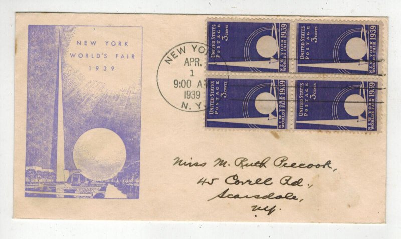 1939 NEW YORK WORLD'S FAIR NYWF 853-11 FAIRWAY BLOCK OF 4 LARGE HAND CANCEL