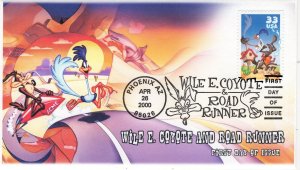 AO-3391-3, 2000, Wile E Coyote and Road Runner, First Day Cover, Add-on Cachet,