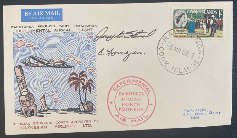 1966 Rarotong Cooks Island Experimental Airmail Flight Cover To Tahiti Pilot Sgn