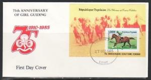 Togo, Scott cat. 1355. Girl Guides o/p on Race Horse s/sheet. First day cover. ^