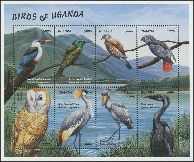 Uganda 1999 Sc 1615 Birds Owl Crane Kingfisher Heron Pigeon Parrot CV $9