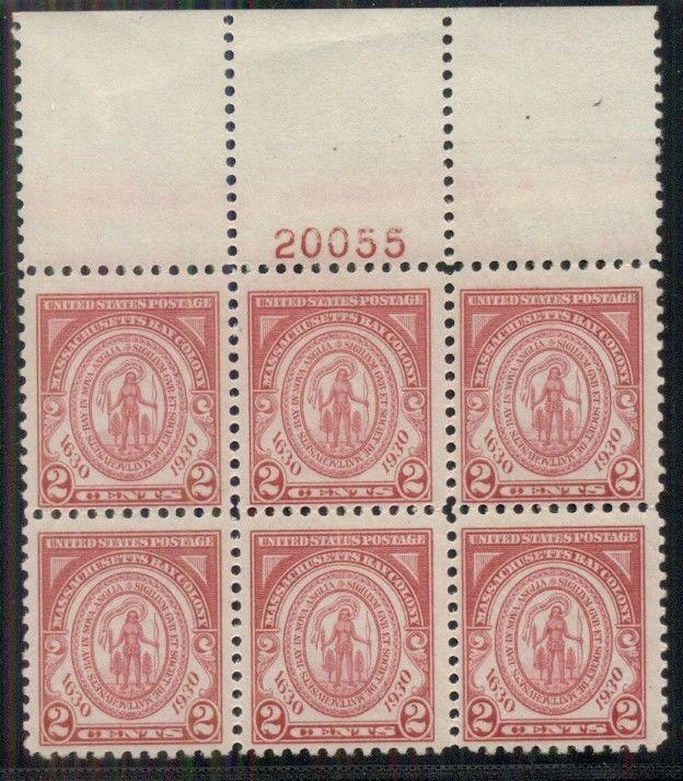 US #682 2¢ Massachusetts Colony, Plate No. Block of 6 NH XF Scott $23.00