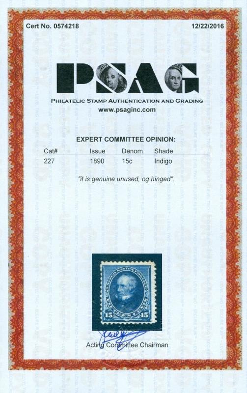 USA : 1890. Scott #227 Mint Original Gum Hinged. Deep color. PSAG Cert. Cat $225