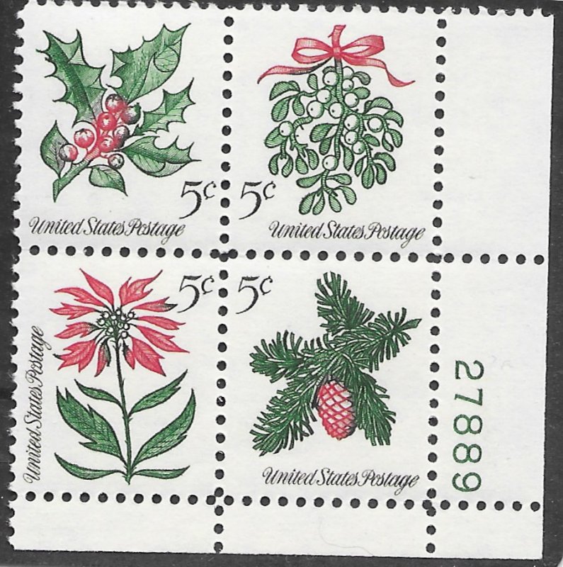 US #1254-57  PB.  Christmas - Holly, Mistletoe, Poinsettia, Sprig of Pine.  Nice