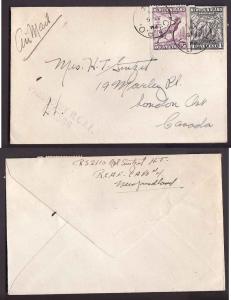 Newfoundland cover #14005–1c Cod+5c Caribou-Airmail-RAF censor–CAPO No 4-Jun