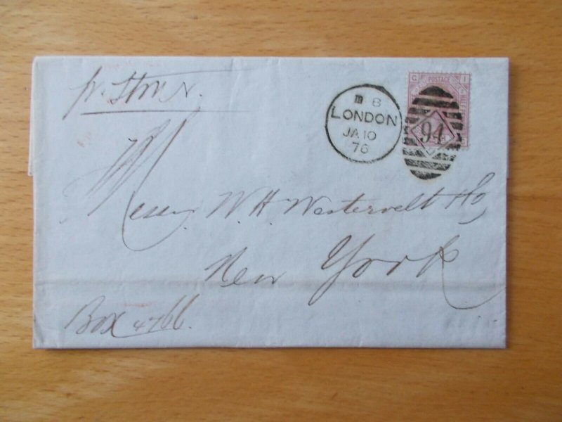 QV 1875 2.5d Rosy-mauve SG 139 Plate 2 on Cover from London to New York Cat £180