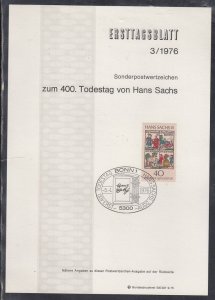 Ersttagsblatt 3/76 Scott 1206  -Hans Sachs