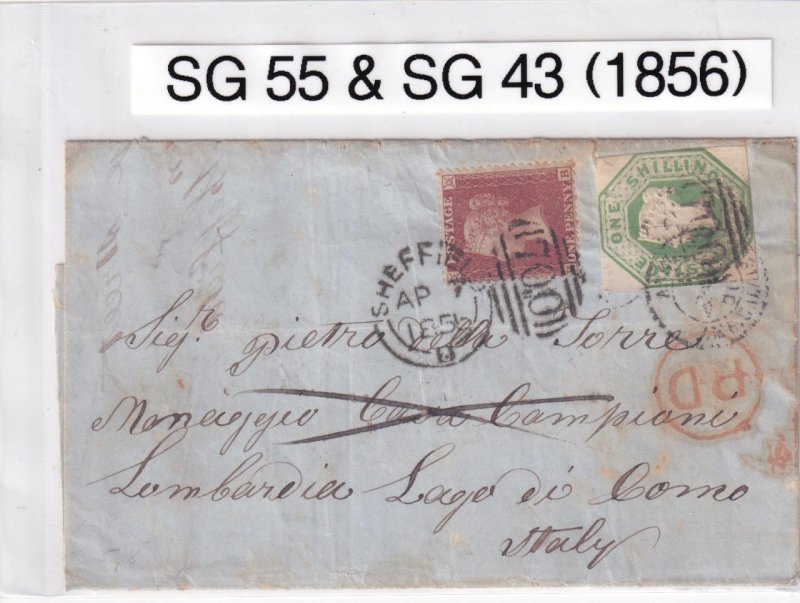 GREAT BRITAIN SG 43 & 55 SUPERB EMBOSED & P/RED ON SHEFFIELD-ITALY COVER 1856