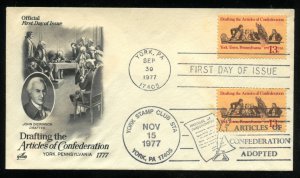 US 1726 Articles of Confederation UA Artcraft cachet combo FDC York Stamp Club