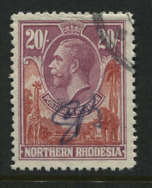 Northern Rhodesia KGV 1925 20/ used with a revenue cancel