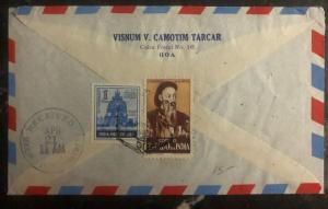 1952 Goa Portuguese India Airmail Cover To Reynolds Tobacco Salem NC USA