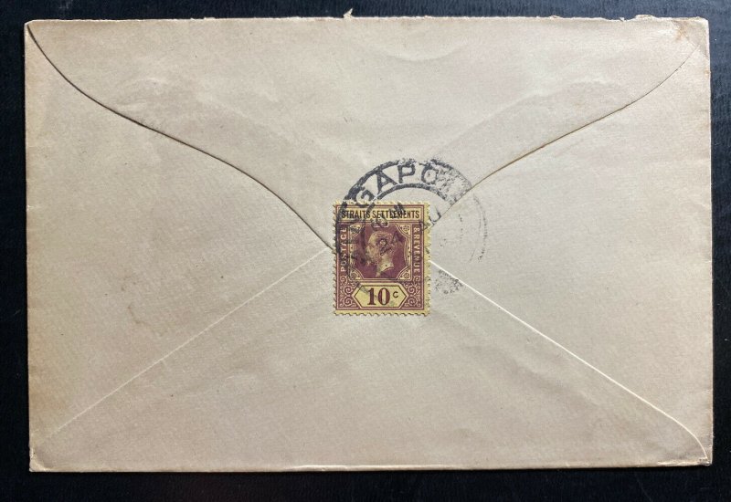 1910s Singapore Cover To Akron OH USA Via Hong Kong Back Stamped 