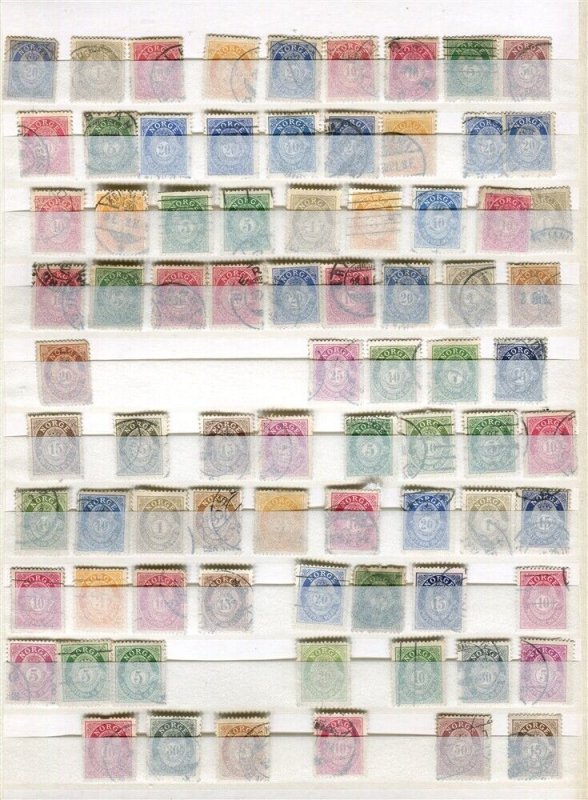 NORWAY; 1870s-90s classic Posthorn issues fine USED LOT of Shades + Postmarks