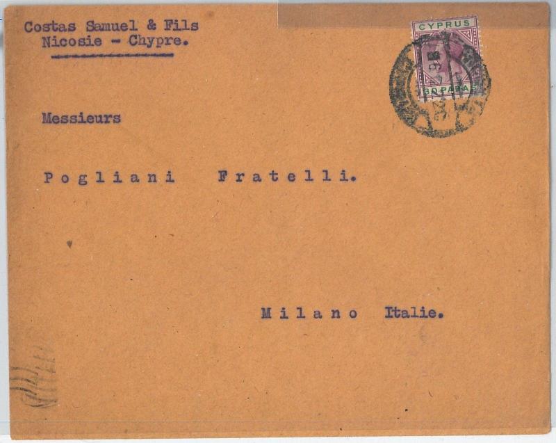 59481 -   CYPRUS - POSTAL HISTORY:  COVER to ITALY - 1922