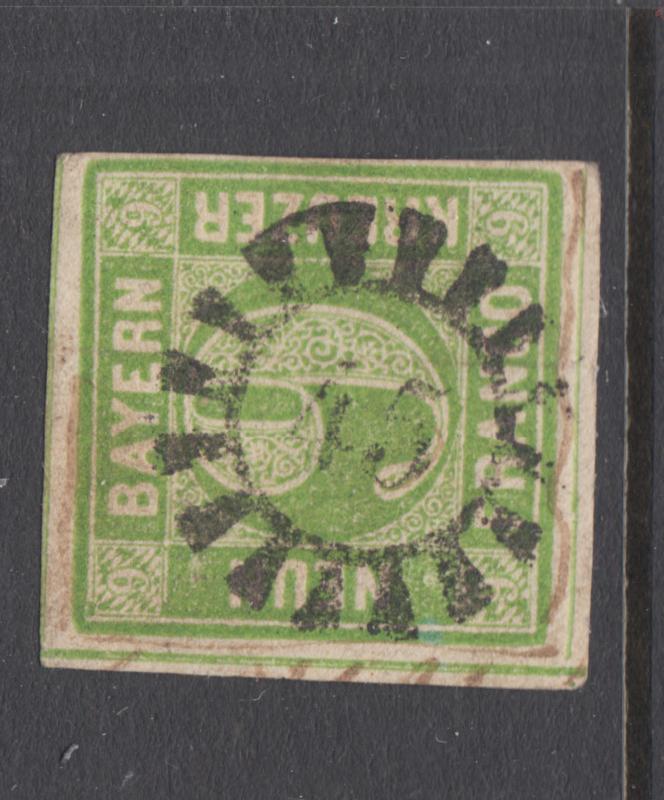 Bavaria Sc 6 used. 1850-58 9kr yellow green Numeral, 45 closed Millwheel cancel