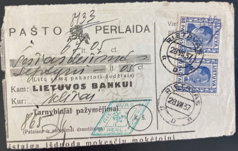 1937 Rictavas Lithuania Bank Money Order Sheet Cover To Telsirai