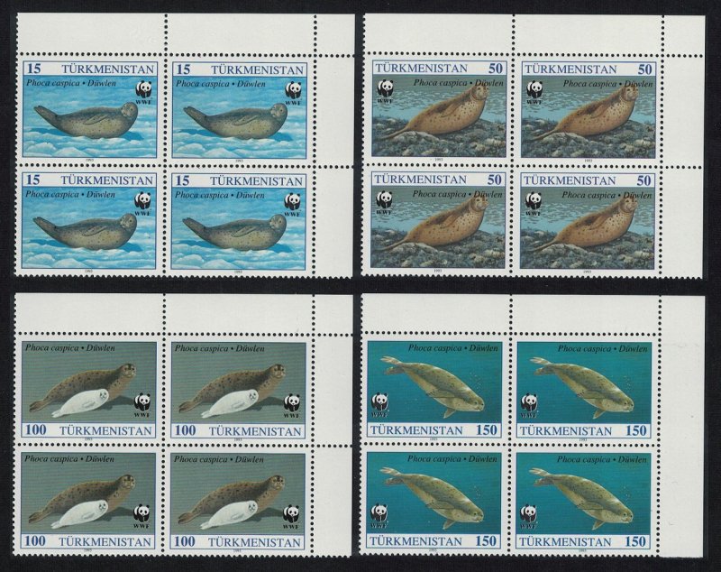 Turkmenistan WWF Caspian Seal 4v Top Right Corner Blocks of 4 SG#32-35 MI#30+