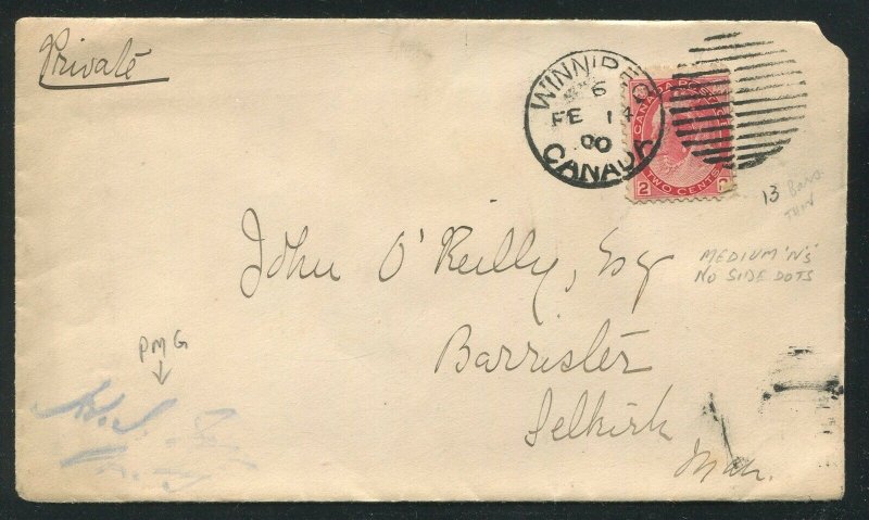 MANITOBA TOWN CANCEL COVER WINNIPEG- POSTMASTER GENERAL HAND STAMP