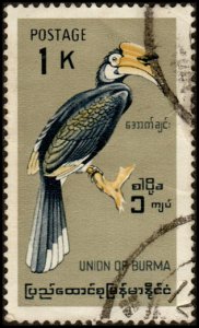 Burma 206 - Used - 1k Malabar Pied Hornbill (Perf 14) (1968) (cv $2.00)