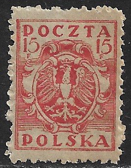 POLAND 1919-20 15f Polish Eagle Perf.11 1/2 For Northern Poland Issue Sc 98 MH