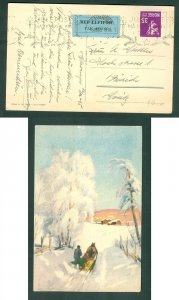 Norway. 1945. Christmas Card.  Airmail label. 35 Ore. Sled, Horse. Adr: Switz.