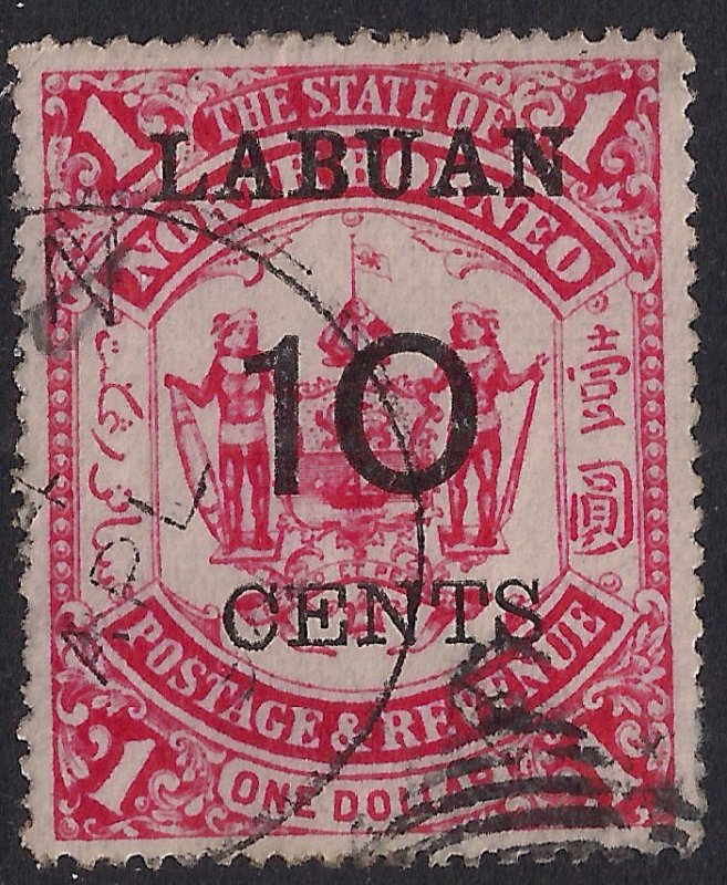 Labuan North Borneo 1895  QV 10ct ovpt on $1 Scarlet used SG 76 ( J616 )