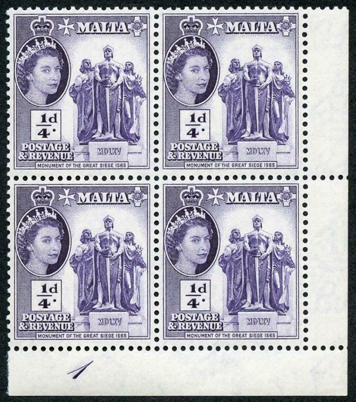 Malta SG266 1/4d Violet Plate 1 U/M Block