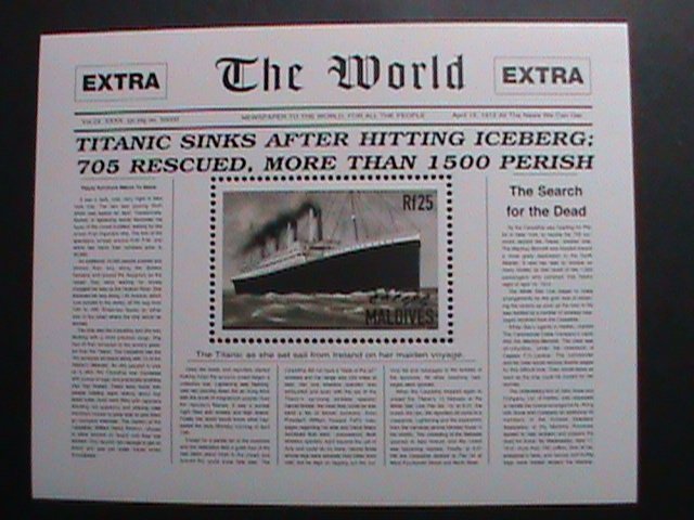 MALDIVES-TITANIC -FAMOUS SINKS SHIP NEWS PAPER REPORT MNH-S/S SHEET VERY FINE