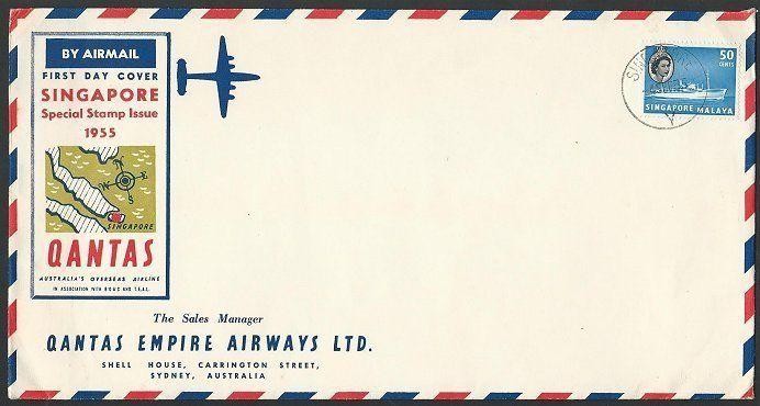 SINGAPORE 1955 50c Ship on large Qantas commem FDC.........................49793