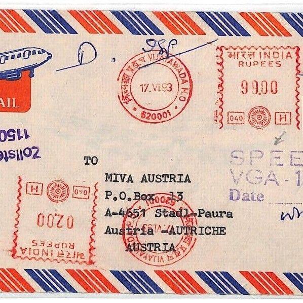 CF46 1993 India SPEEDPOST HIGH RATE Air Mail Guntur Cover MIVA Austria EMS Label