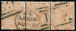 [mag265] GB 1876 SG#156 strip of 3 used in Glascow VERY NICE  Rare in strip of 3