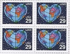 1991 Love Heart Shaped Block of 4 29cPostage Stamps, Sc #2535, MNH, OG