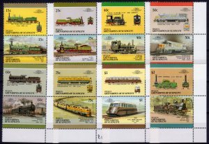 Bequia 1987 TRAINS LOCOMOTIVES (8) Pairs 16 values Perforated Mint (NH)