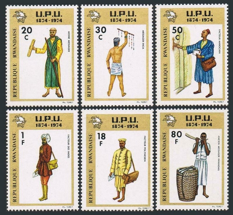 Rwanda 602-607, MNH. Mi 661-666. UPU-100, 1974. Messengers. Monk, Inca, Morocco,