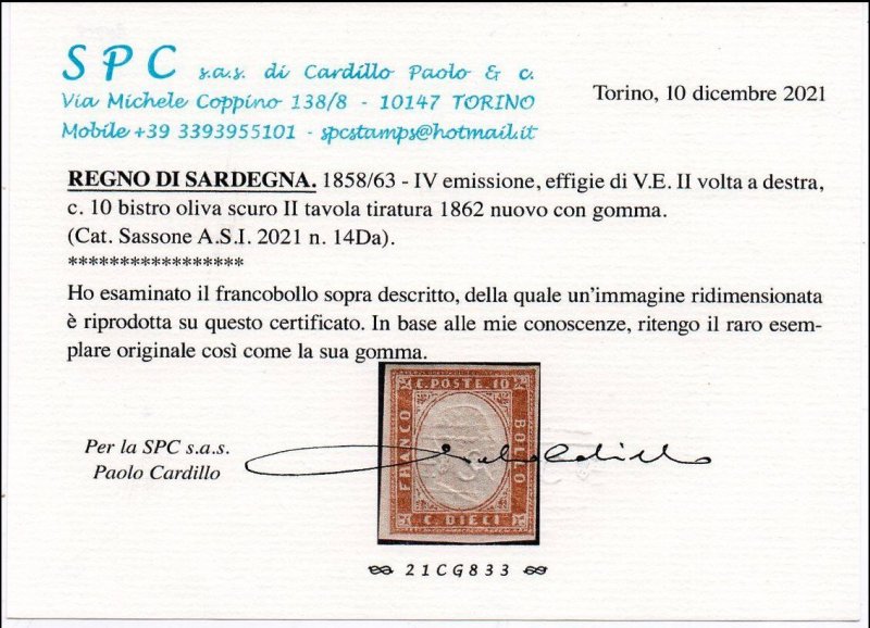 Italy - Sardegna - Sass. n. 14Da Certificato Cardillo - cv 11000$ MH*