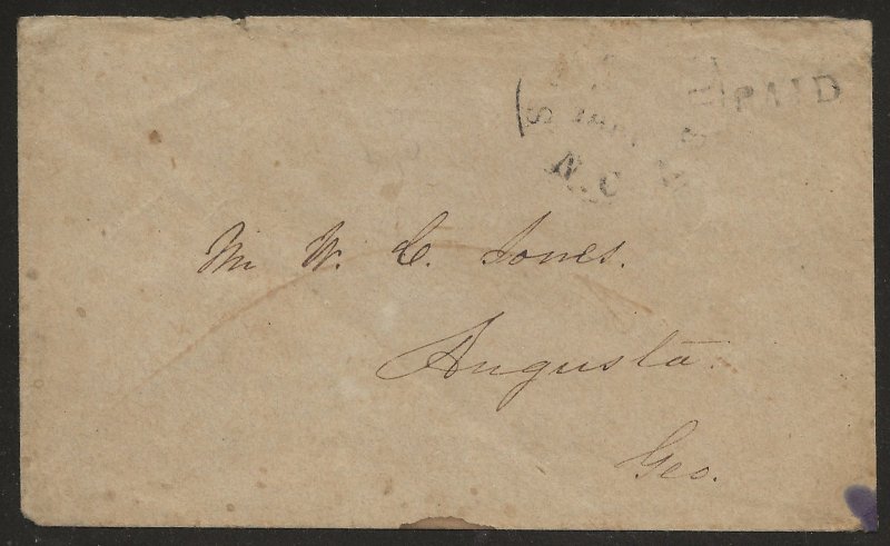 Confederate States Salisbury NC 1861 PAID Stampless cover WC Jones Augusta GA