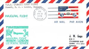 TWA AIRLINES INAUGURAL FLIGHT NEWARK N.J. TO LONDON ENGLAND CACHET COVER 1978